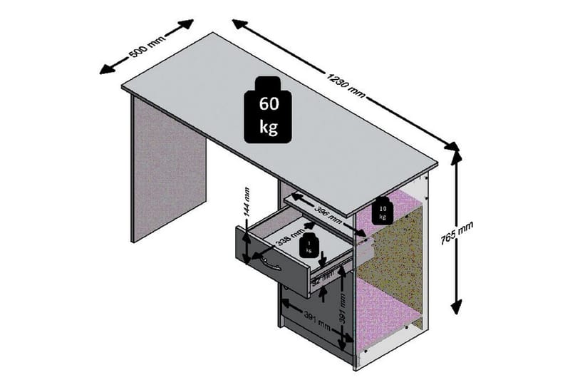 VANORA Skrivbord 123 cm m Förvaring Låda+Skåp+Hylla Betonggr - Möbler - Hemmakontor - Skrivbord