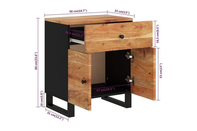 beBasic Sängbord 50x33x60 cm massivt akaciaträ och konstruerat trä - Möbler - Sovrum - Sängbord