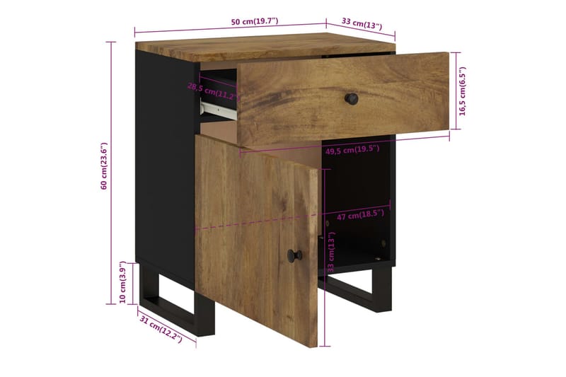 beBasic Sängbord 50x33x60 cm massivt mangoträ och konstruerat trä - Möbler - Sovrum - Sängbord