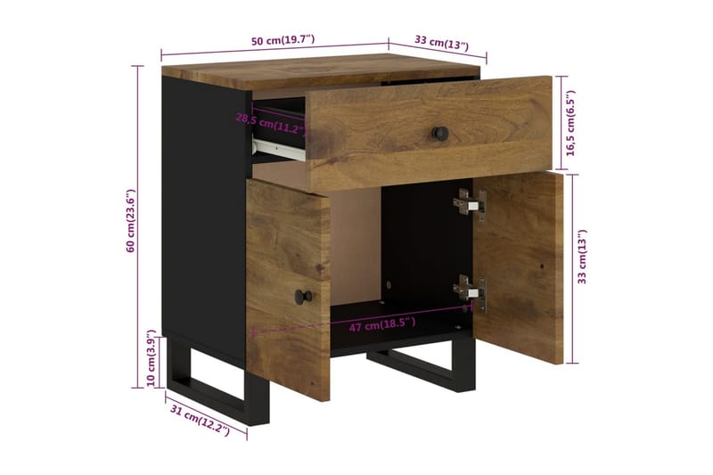 beBasic Sängbord 50x33x60 cm massivt mangoträ och konstruerat trä - Möbler - Sovrum - Sängbord