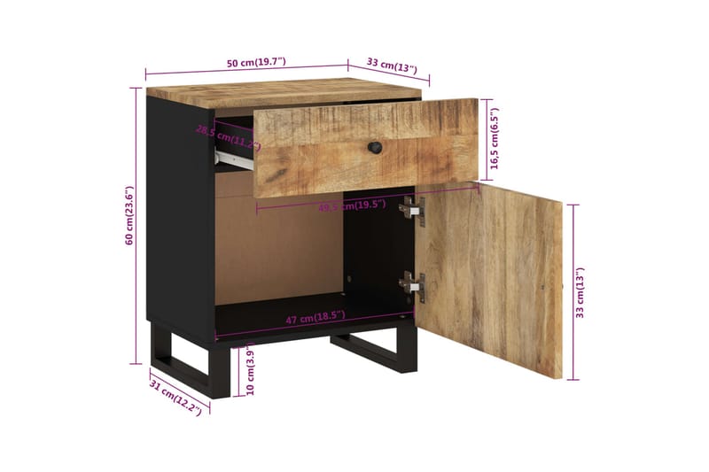 beBasic Sängbord 50x33x60 cm massivt mangoträ och konstruerat trä - Möbler - Sovrum - Sängbord