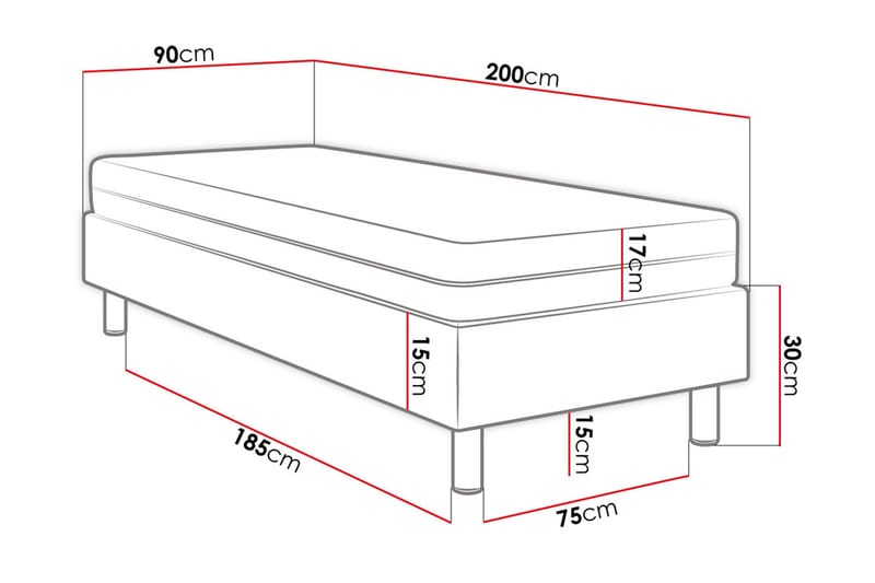 KERANZA Kontinentalsäng 90x200 cm+Panel 60 cm Grå - Komplett Sängpaket - Enkelsängar