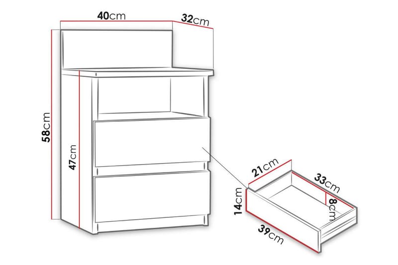 VICENZA Sängbord 40 cm med Förvaring 2 Lådor + Hylla Beige/G - Beige/Grå - Möbler - Sovrum - Sängbord