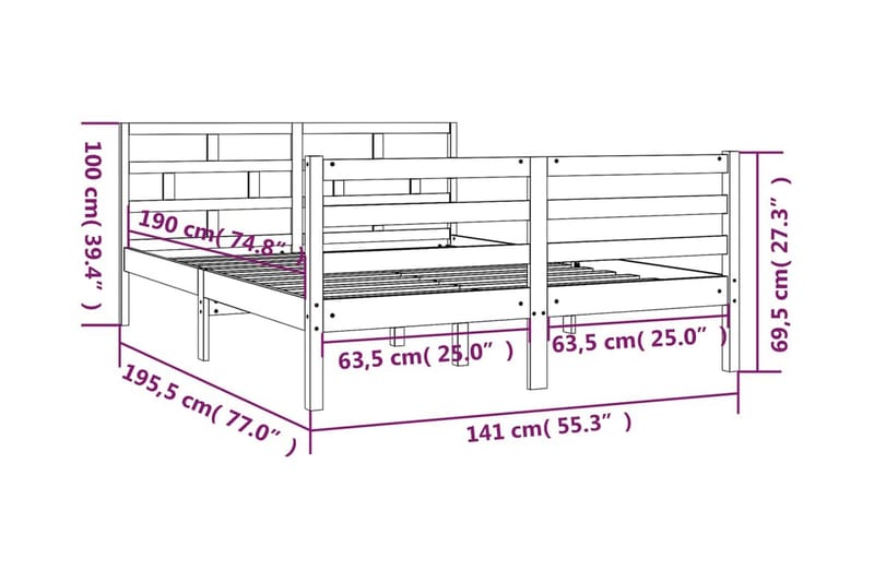 Sängram grå massivt trä 135x190 cm dubbel - Grå - Möbler - Sovrum - Sängram & sängstomme