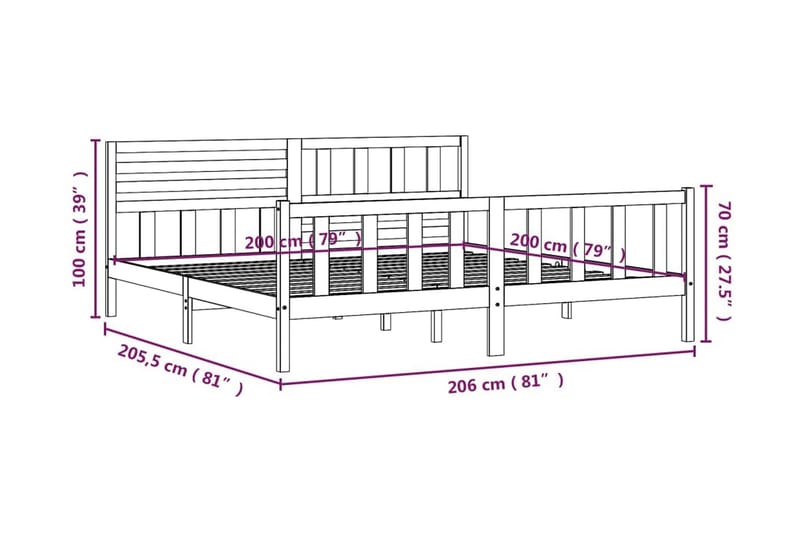 Sängram grå massivt trä 200x200 cm - Grå - Möbler - Sovrum - Sängram & sängstomme