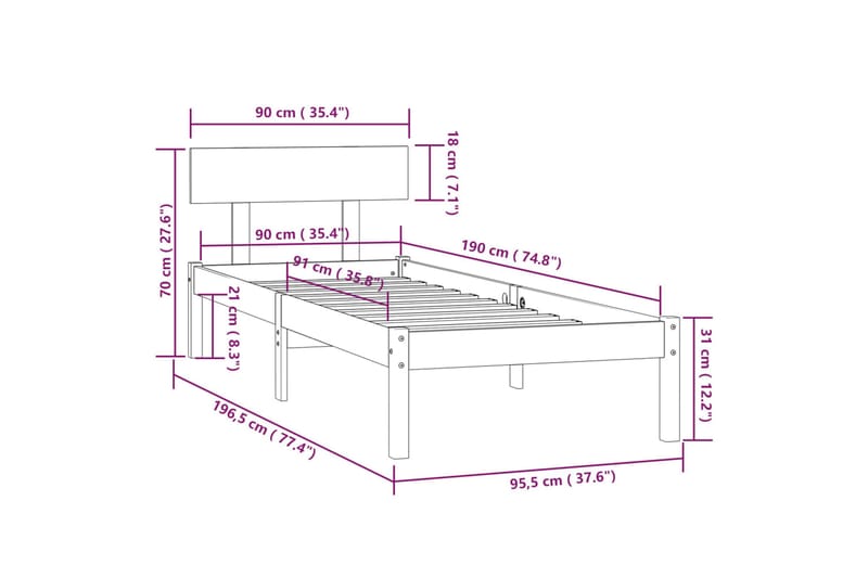 Sängram honungsbrun massiv furu 90x190 cm - Honung - Möbler - Sovrum - Sängram & sängstomme