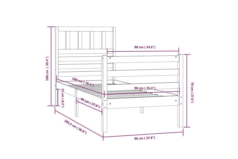 Sängram honungsbrun massivt trä 90x200 cm enkelsäng - Honung - Möbler - Sovrum - Sängram & sängstomme