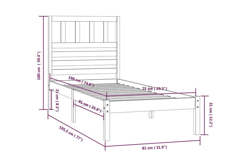 Sängram massiv furu 75x190 cm liten enkelsäng - Brun - Möbler - Sovrum - Sängram & sängstomme