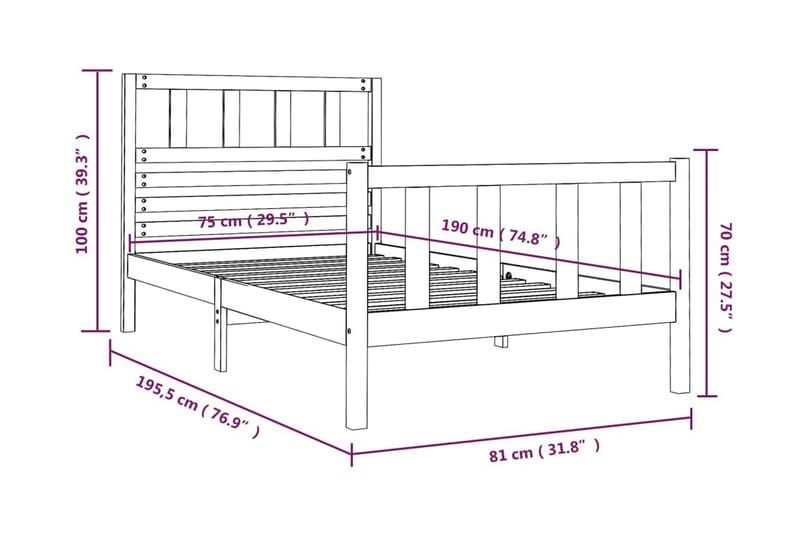 Sängram massiv furu 75x190 cm liten enkelsäng - Brun - Möbler - Sovrum - Sängram & sängstomme