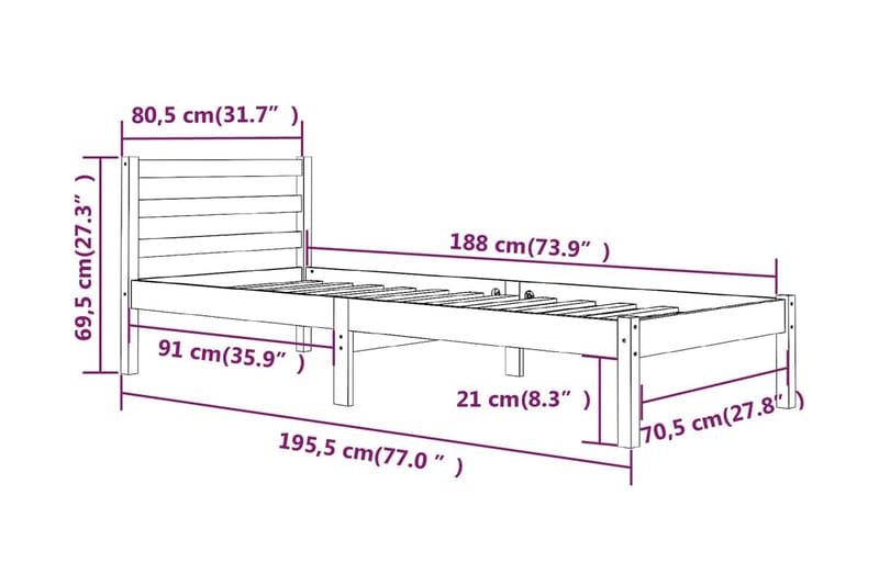 Sängram massiv furu 75x190 cm vit 2FT6 - Vit - Möbler - Sovrum - Sängram & sängstomme