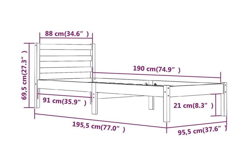 Sängram massiv furu 90x190 cm 3FT - Brun - Möbler - Sovrum - Sängram & sängstomme