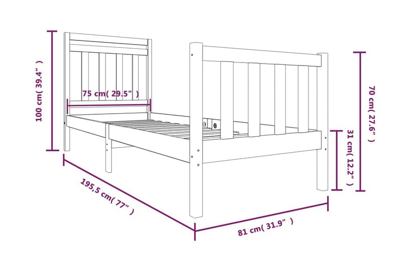 Sängram massivt trä 75x190 cm liten enkelsäng - Brun - Möbler - Sovrum - Sängram & sängstomme