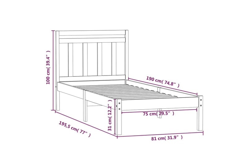 Sängram massivt trä 75x190 cm liten enkelsäng - Brun - Möbler - Sovrum - Sängram & sängstomme