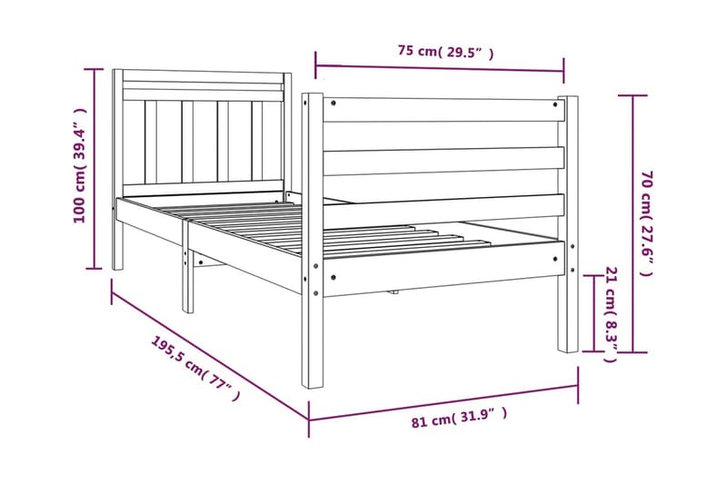 Sängram massivt trä 75x190 cm liten enkelsäng - Brun - Möbler - Sovrum - Sängram & sängstomme