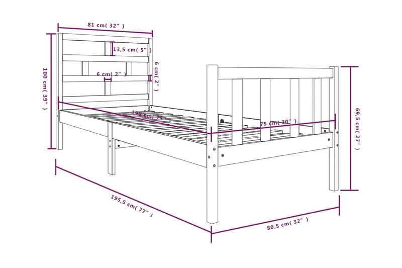 Sängram svart massivt furu 75x190 cm liten enkelsäng - Svart - Möbler - Sovrum - Sängram & sängstomme