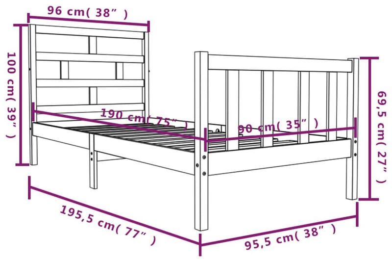 Sängram svart massivt furu 90x190 cm enkelsäng - Svart - Möbler - Sovrum - Sängram & sängstomme