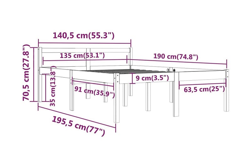 Sängram vit massiv furu 135x190 cm 4FT6 - Vit - Möbler - Sovrum - Sängram & sängstomme