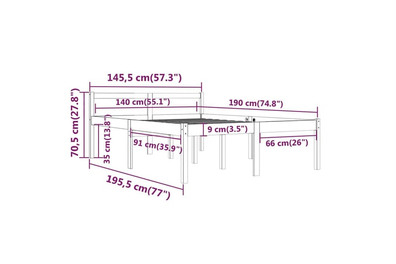 Sängram vit massiv furu 140x190 cm - Vit - Möbler - Sovrum - Sängram & sängstomme