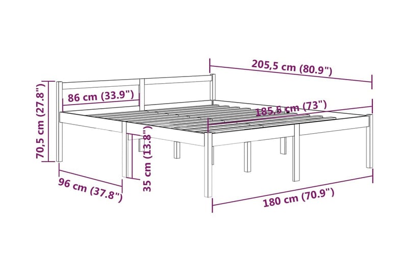 Sängram vit massiv furu 180x200 cm 6FT - Vit - Möbler - Sovrum - Sängram & sängstomme