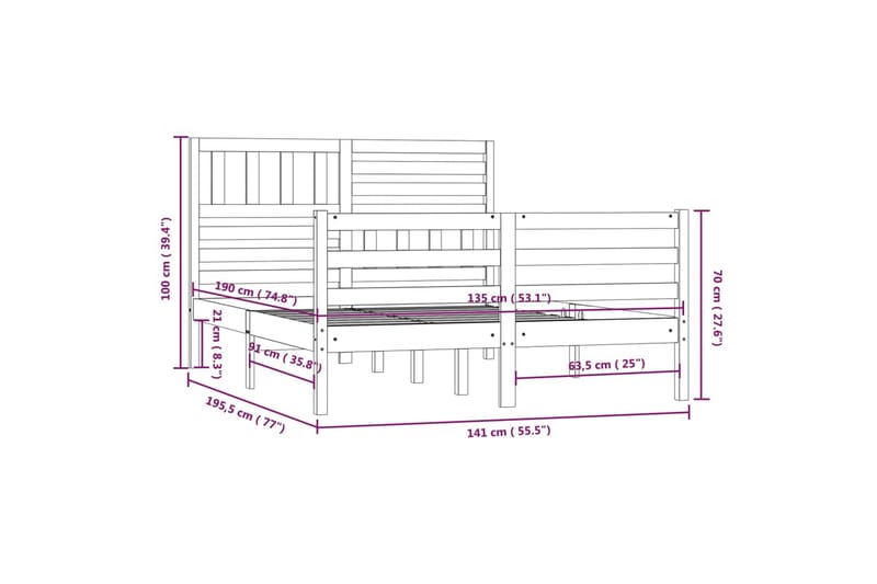 Sängram vit massivt trä 135x190 cm dubbel - Vit - Möbler - Sovrum - Sängram & sängstomme