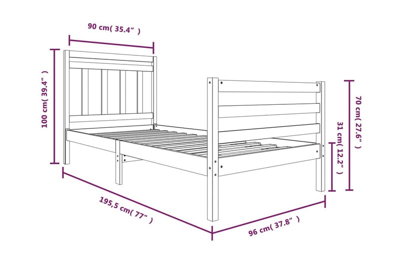 Sängram vit massivt trä 90x190 cm 3FT - Vit - Möbler - Sovrum - Sängram & sängstomme