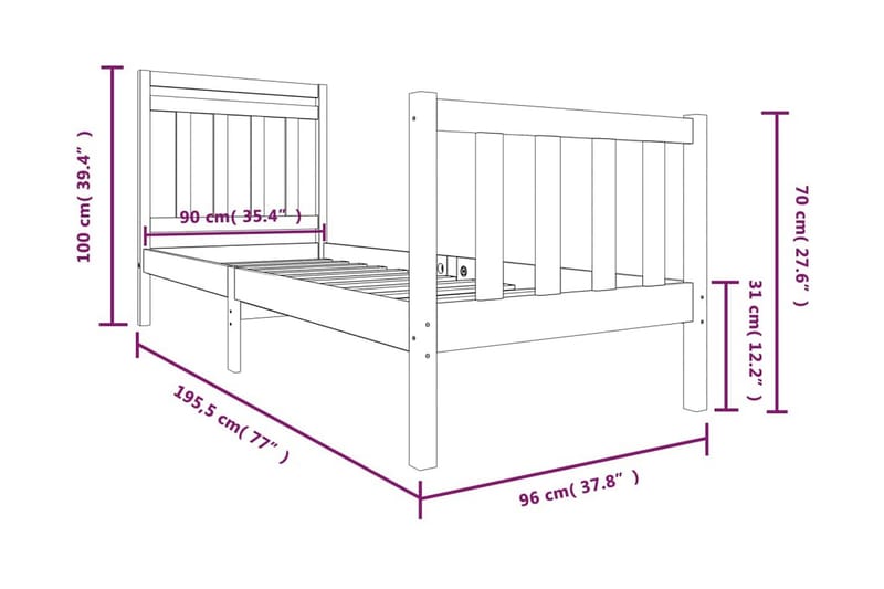 Sängram vit massivt trä 90x190 cm 3FT6 - Vit - Möbler - Sovrum - Sängram & sängstomme