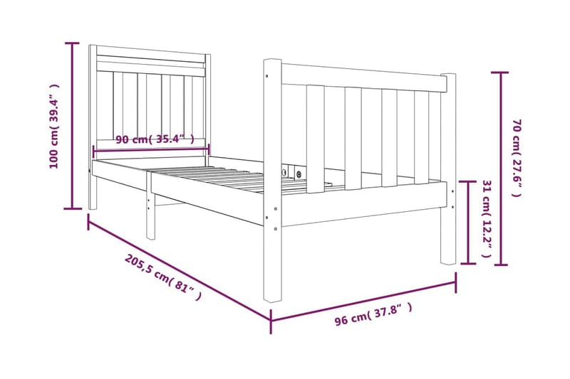 Sängram vit massivt trä 90x200 cm - Vit - Möbler - Sovrum - Sängram & sängstomme