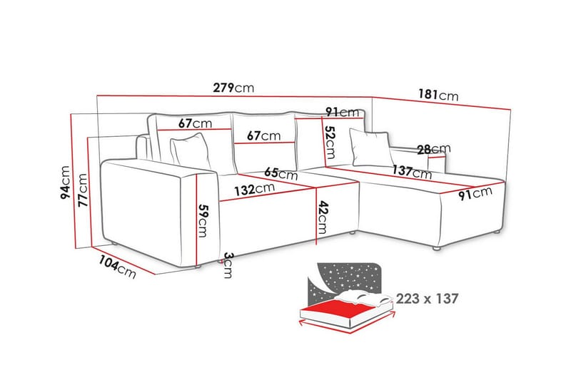 Knocklong 3-sits Hörnbäddsoffa Rosa - Möbler - Vardagsrum - Bäddsoffor - Hörnbäddsoffa