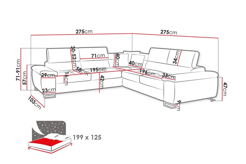 RAMERO Hörnbäddsoffa 4-sits 199x125 Rosa - Hörnbäddsoffa - Bäddsoffor