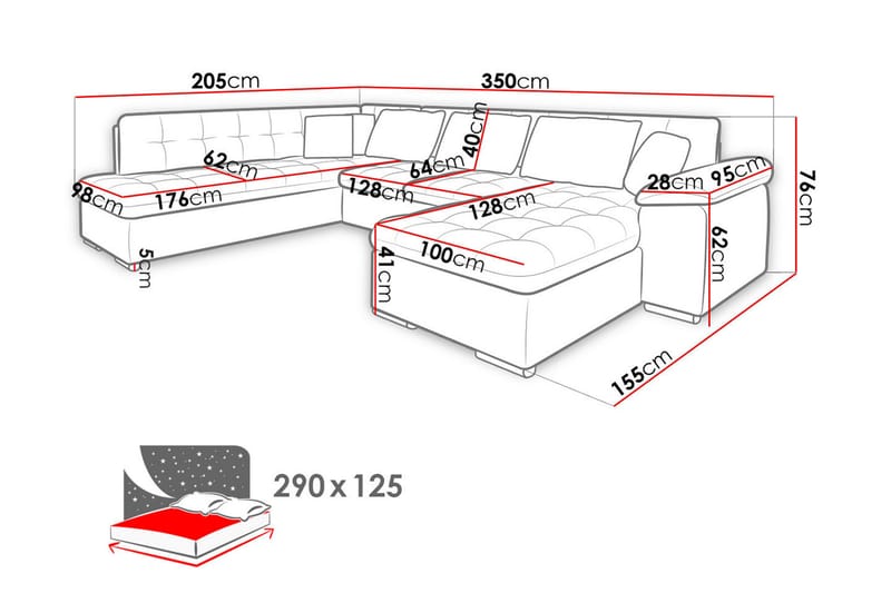 VILLOSA U-Bäddsoffa 350x205x76 cm Divan Höger - Grå - Möbler - Vardagsrum - Bäddsoffor - U bäddsoffa