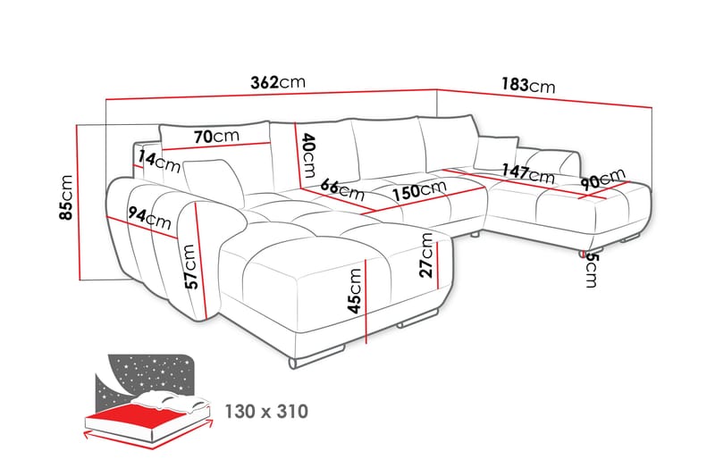 Simerly Bäddsoffa Dubbeldivan 4-sits - Mörkgrå - Möbler - Vardagsrum - Bäddsoffor - U bäddsoffa