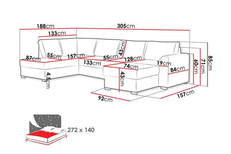 Taberk Soffa med Divan och Schäslong 4-sits - Brun/Röd - Möbler - Vardagsrum - Soffor - U-soffor