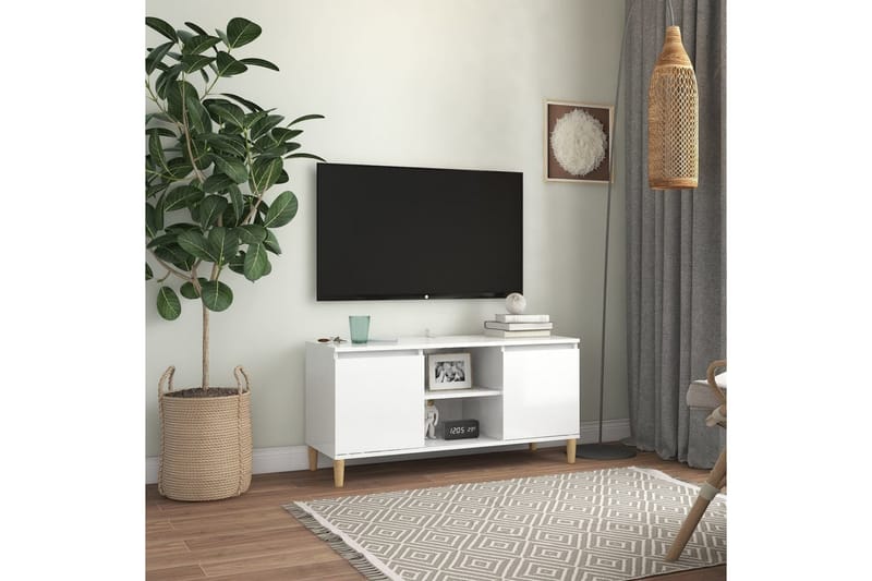 TV-bänk med massiva ben vit högglans 103,5x35x50 cm - Vit - Möbler - Vardagsrum - Tv-möbler & mediamöbler - Tv-bänkar