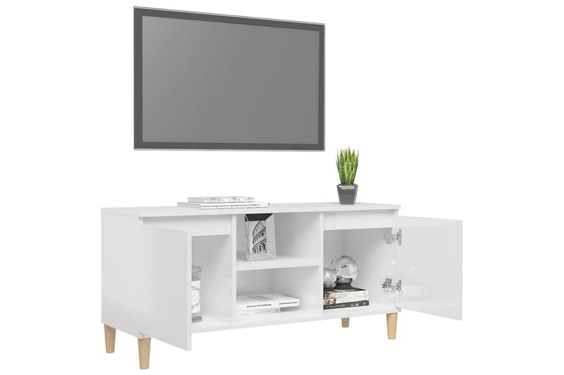 TV-bänk med massiva ben vit högglans 103,5x35x50 cm - Vit - Möbler - Vardagsrum - Tv-möbler & mediamöbler - Tv-bänkar