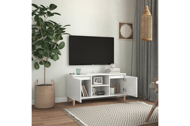 TV-bänk med massiva ben vit högglans 103,5x35x50 cm - Vit - Möbler - Vardagsrum - Tv-m�öbler & mediamöbler - Tv-bänkar