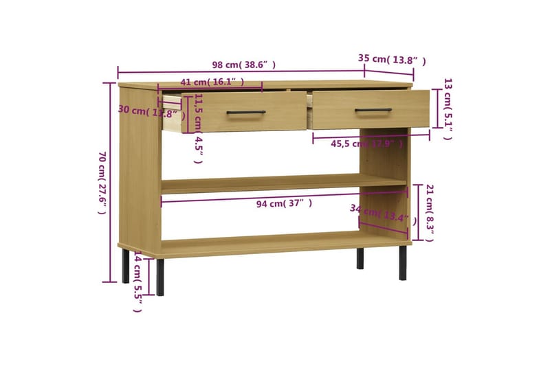 beBasic Konsolbord med metallben OSLO brun massiv furu - Möbler - Vardagsrum - Soffbord & vardagsrumsbord - Avlastningsbord & konsolbord