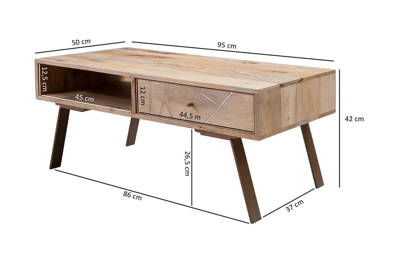 CLEVENSTINE Soffbord 95 cm med Förvaring Låda + Hylla Massiv - Möbler - Vardagsrum - Soffbord & vardagsrumsbord - Soffbord