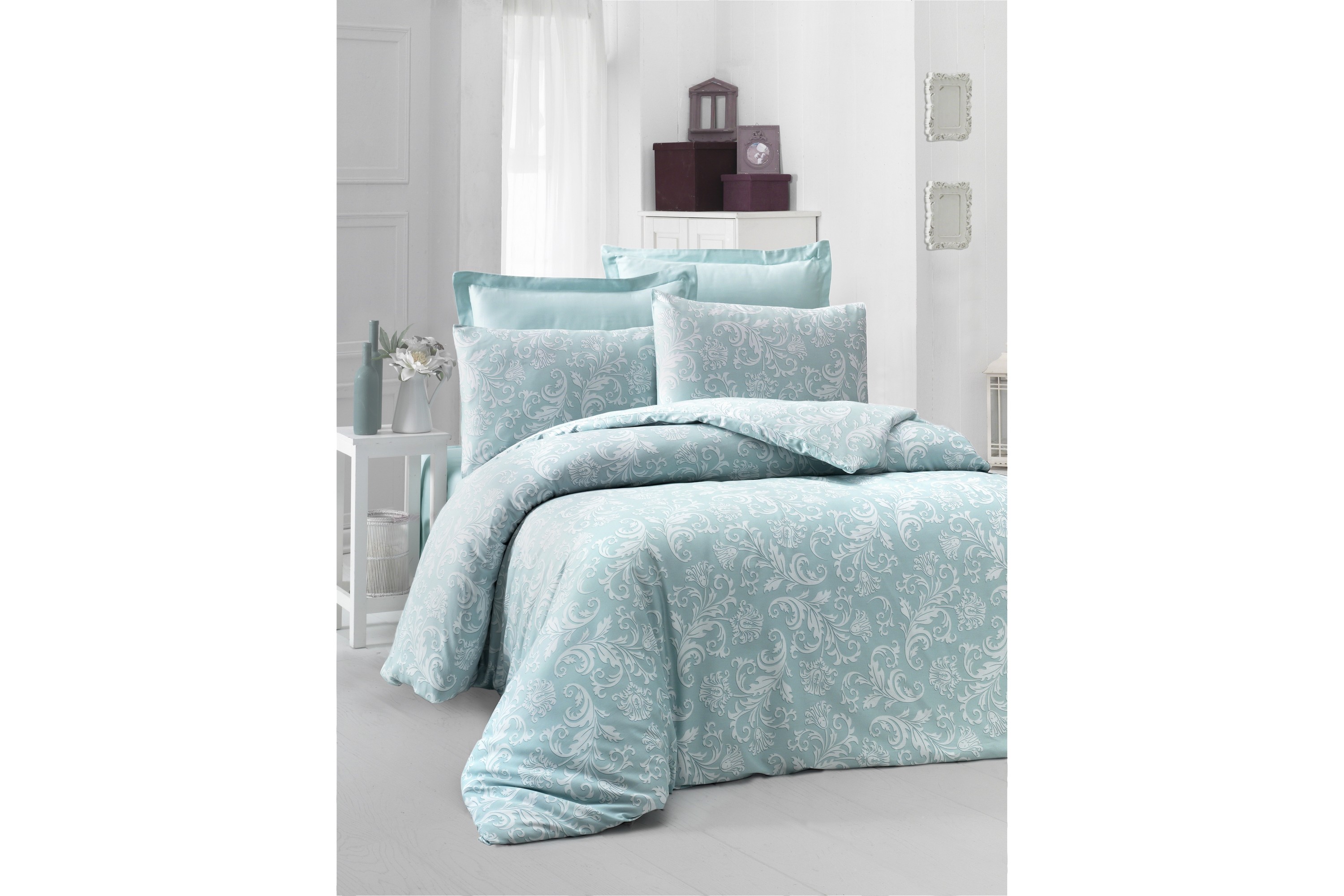 VICTORIA Bäddset Dubbelt 6-dels Satin Mint/Vit –