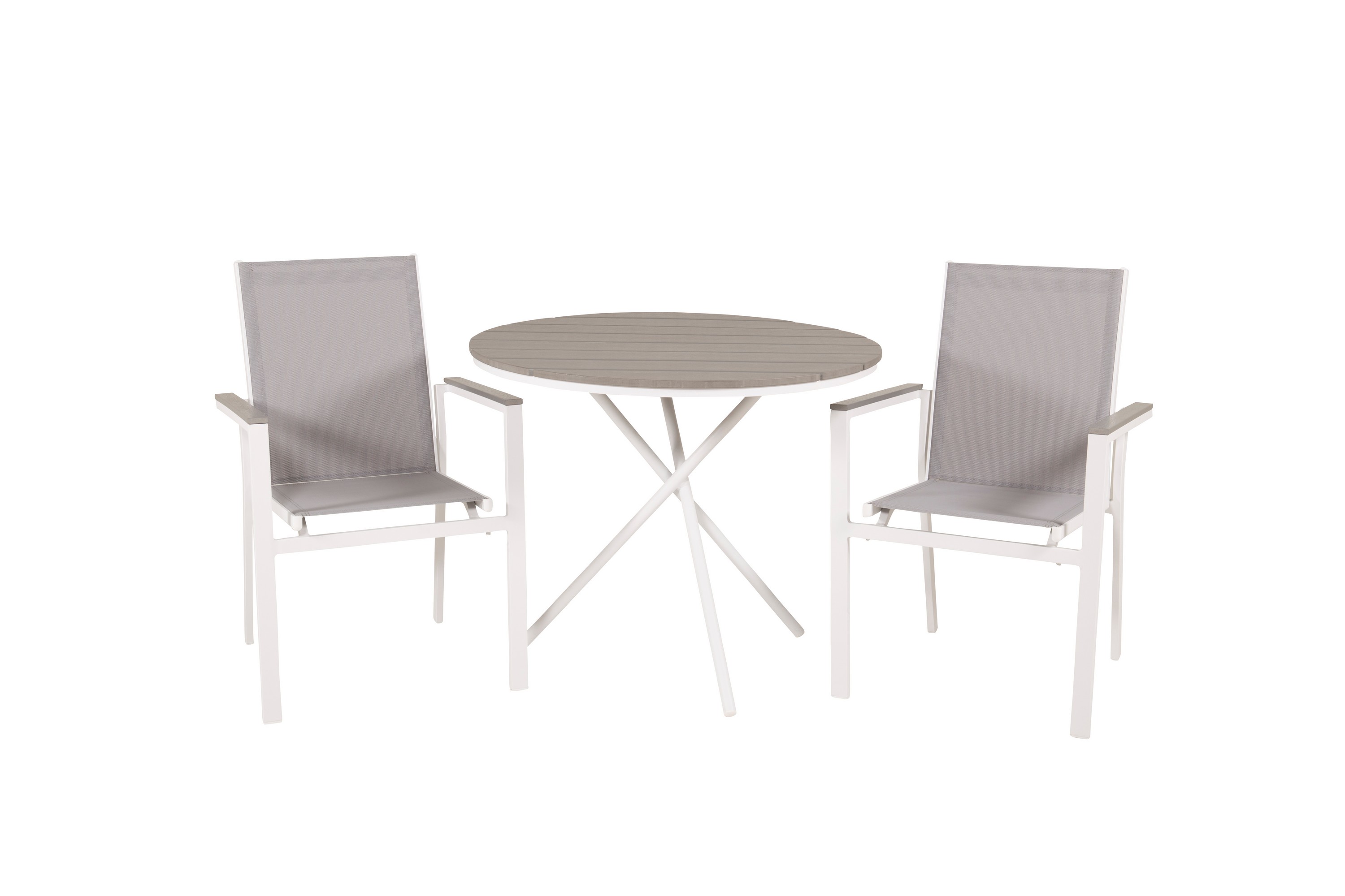 PARMA Caféset Rund Ø90 cm + 2 Karmstolar Vit/Grå – Venture Home