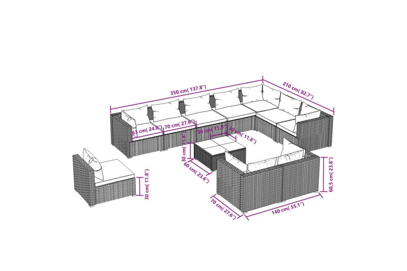 Loungegrupp för trädgården m. dynor 11 delar konstrotting br - Brun/Vit - Utemöbler - Utegrupp - Loungegrupp