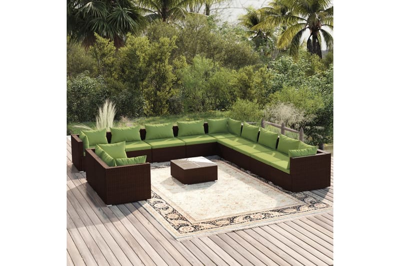 Loungegrupp för trädgården med dynor 12 delar konstrotting b - Brun/Grön - Loungegrupp
