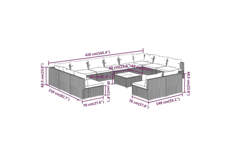 Loungegrupp för trädgården med dynor 13 delar brun konstrott - Brun/Vit - Utemöbler - Utegrupp - Loungegrupp