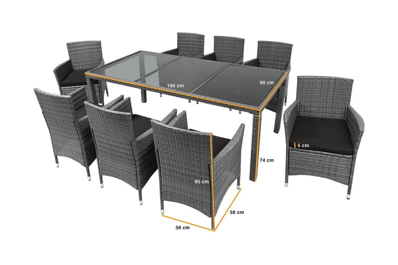 FOSSEN Matgrupp Utomhus Grå cm + 8 st Matstolar Utomhus - Utemöbler - Utegrupp - Matgrupper utomhus