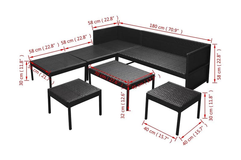 Loungegrupp Utomhus för trädgården med dynor 6 delar konstrotting sv - Svart - Utemöbler - Loungemöbler