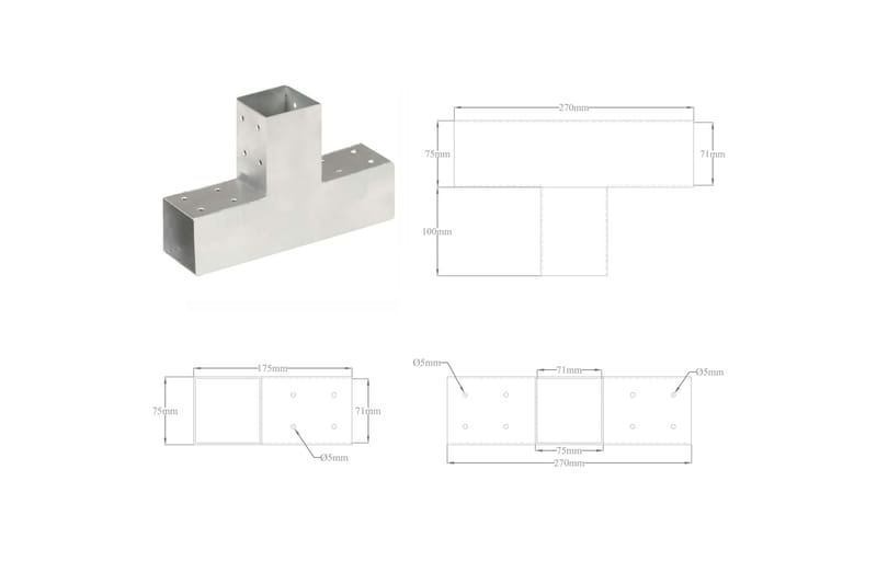 Stolpbeslag T-form galvaniserad metall 71x71 mm - Silver - Utemöbler - Övrigt utemöbler - Tillbehör - Staket & grindar