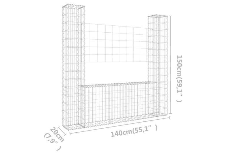 U-formad Gabionkorg med 2 stolpar järn 140x20x150 cm - Silver - Utemöbler - Övrigt utemöbler - Tillbehör - Staket & grindar