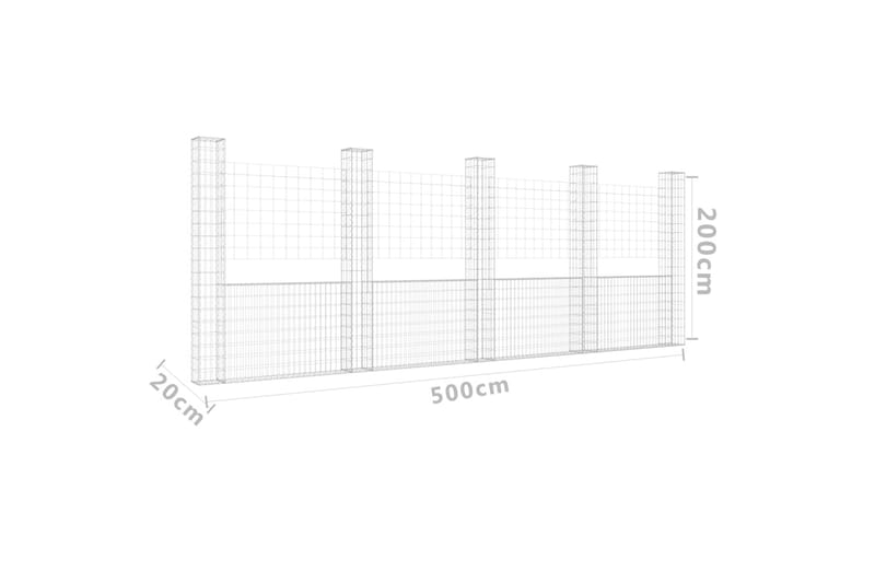 U-formad gabionkorg med 5 stolpar järn 500x20x200 cm - Silver - Utemöbler - Övrigt utemöbler - Tillbehör - Staket & grindar