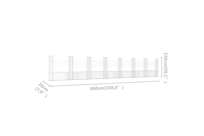 U-formad gabionkorg med 8 stolpar järn 860x20x150 cm - Silver - Utemöbler - Övrigt utemöbler - Tillbehör - Staket & grindar
