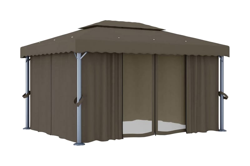 Paviljong med draperi 4x3 m taupe aluminium - Brun - Utemöbler - Solskydd - Paviljonger - Komplett paviljong