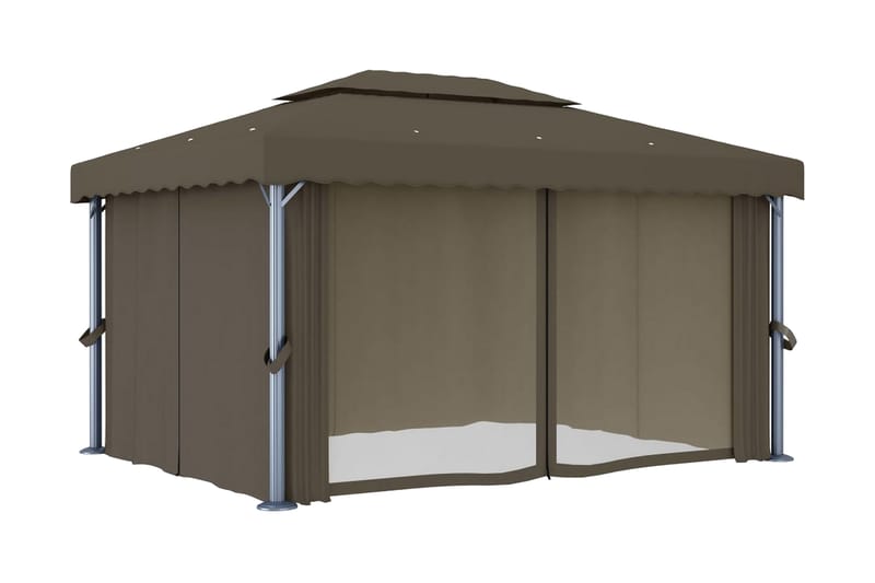 Paviljong med draperi 4x3 m taupe aluminium - Brun - Utemöbler - Solskydd - Paviljonger - Komplett paviljong